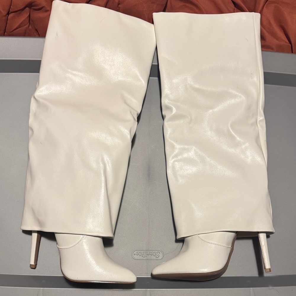 JustFab Cream Over the Knee Boots